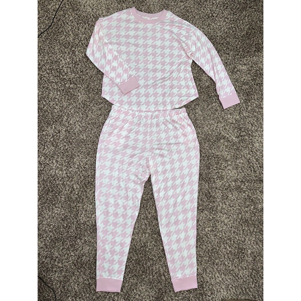 Joyspun Fleece Women’s Pajama Set - Pink Houndstooth - Size Large. NWOT